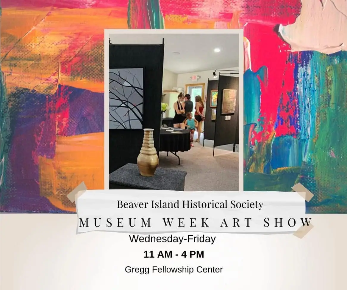 Promotional art-show poster with a colorful abstract background and an inset photograph of an exhibition interior.
