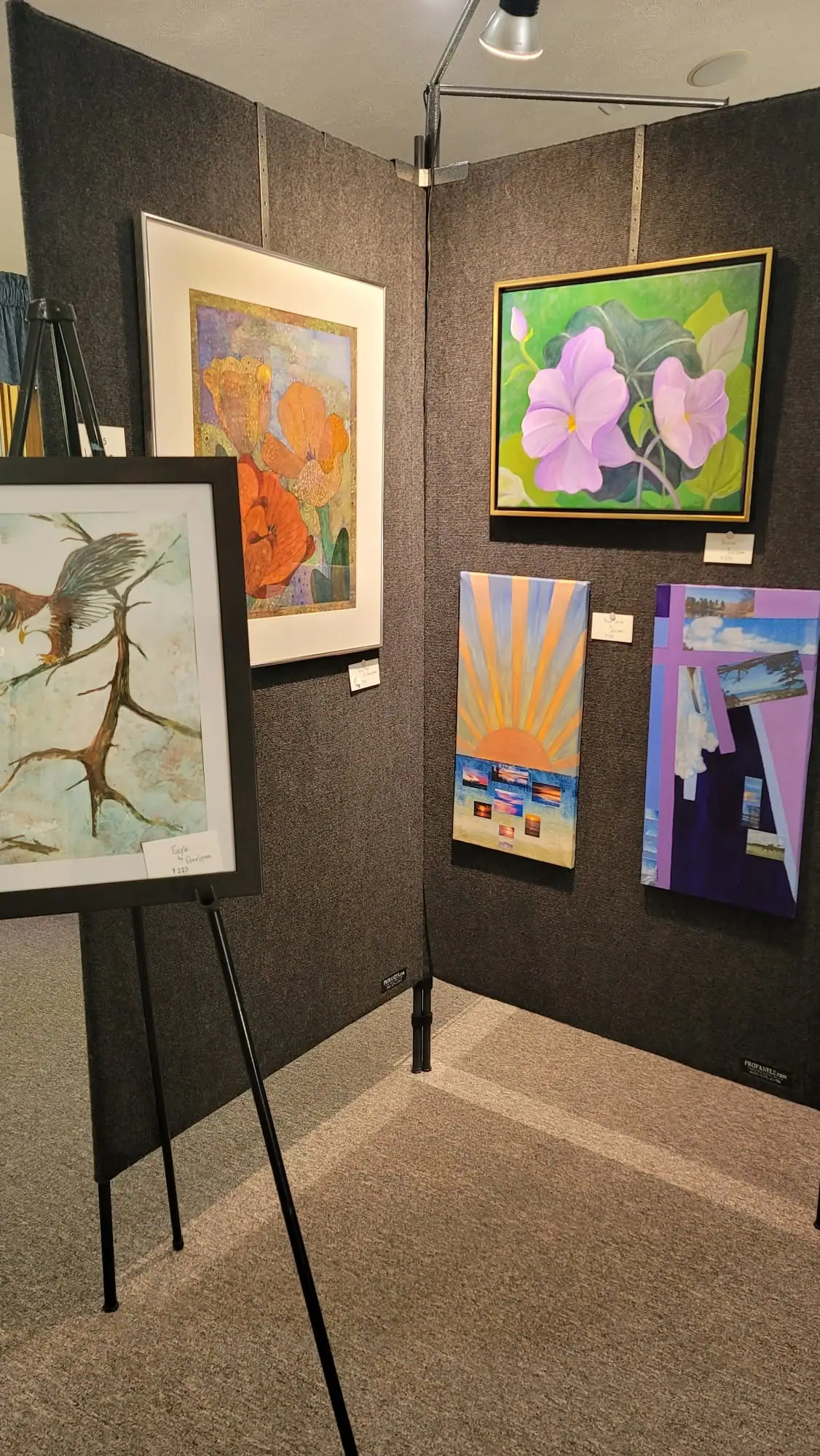 A gallery display shows framed paintings of flowers, an eagle, and colorful abstract scenes.