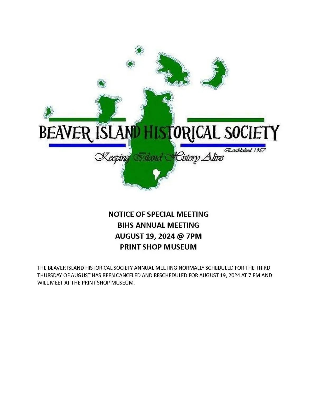Printed meeting notice with a society logo, map graphic, meeting details, and rescheduling announcement.