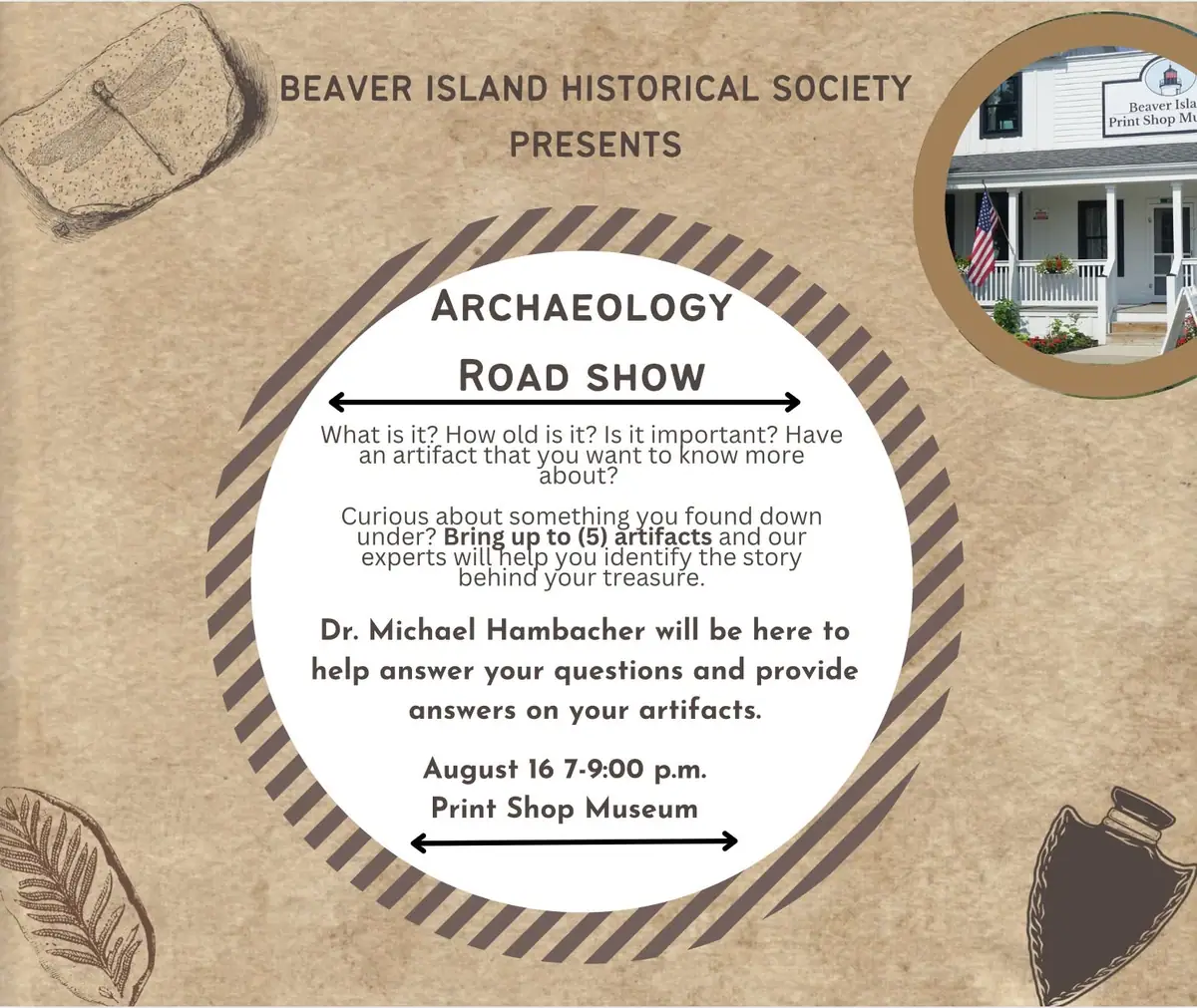 Illustrated poster announcing an archaeology road show with artifact identification and a photograph of a building.