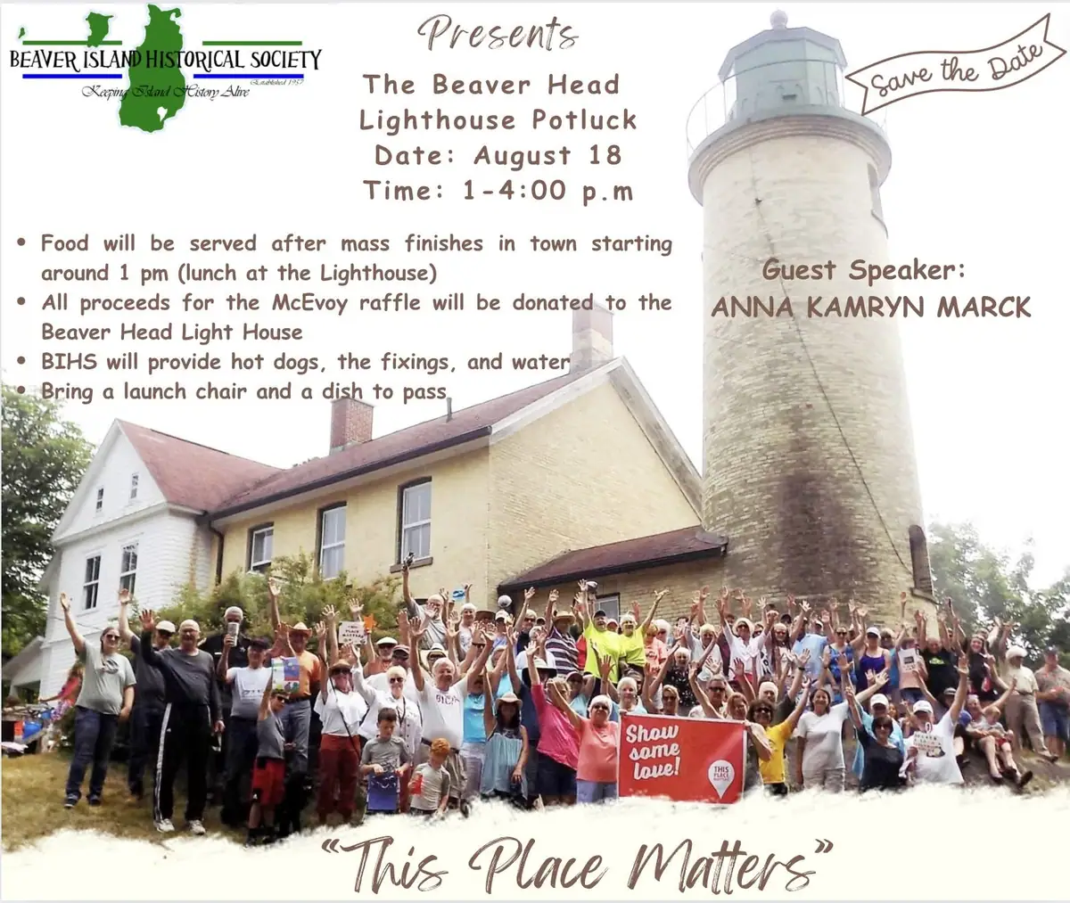 Promotional graphic showing a lighthouse, a large outdoor group, and event text.