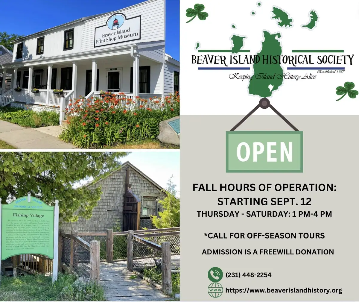 Composite promotional graphic showing two museum buildings, an interpretive sign, and fall visiting hours.