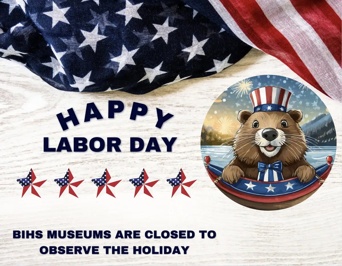 Patriotic holiday graphic with Labor Day text, a beaver in a boat, fireworks, and an American flag.