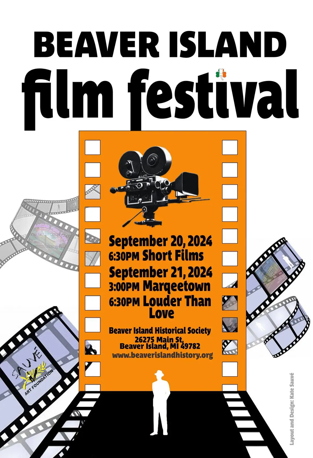 Promotional poster for a film festival with a vintage movie camera, film strips, screening schedule, and event information.