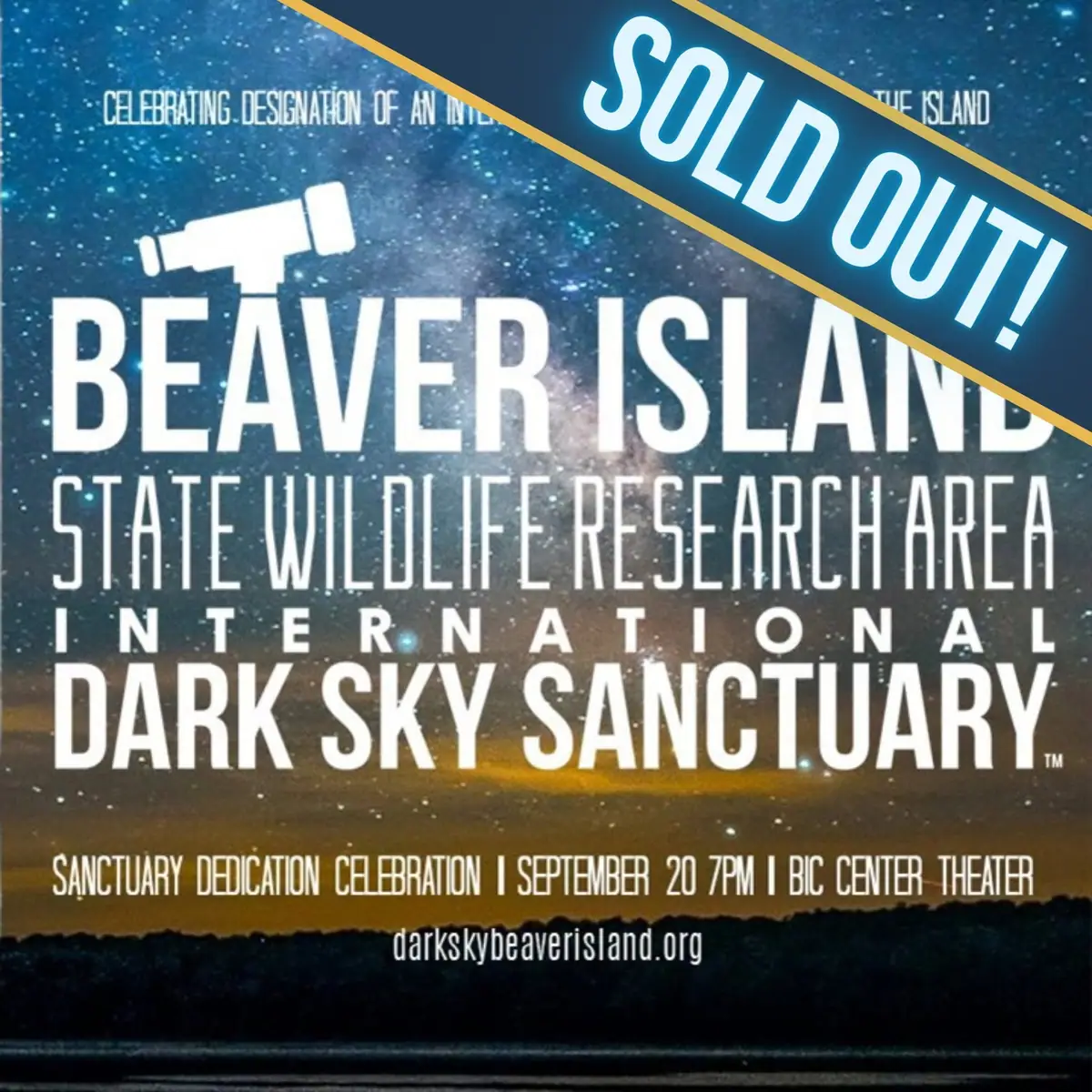 Graphic event poster with a telescope, star field, sanctuary lettering, and a diagonal SOLD OUT banner.