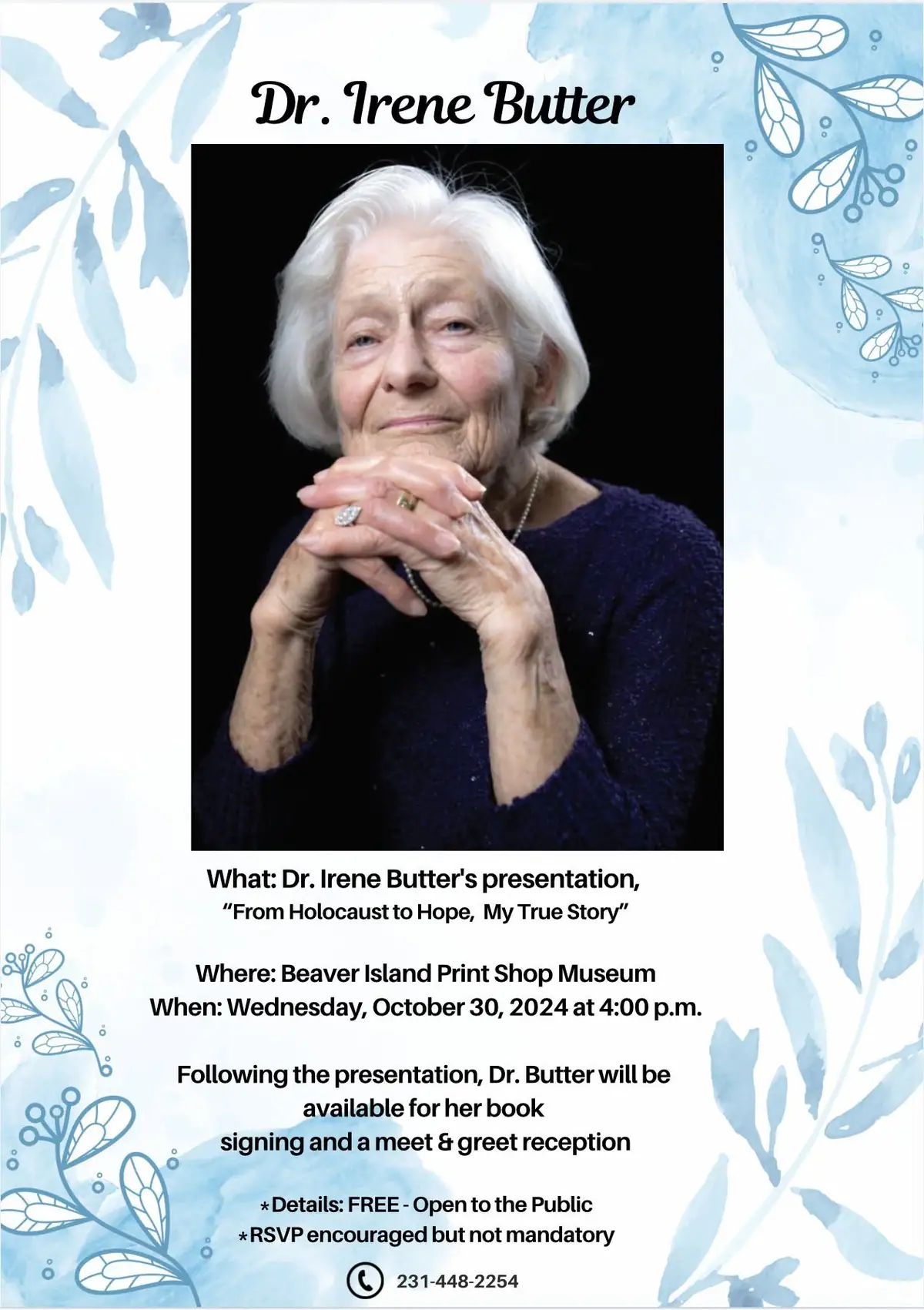 Promotional poster with a portrait of an elderly woman and details for a public presentation and book signing.