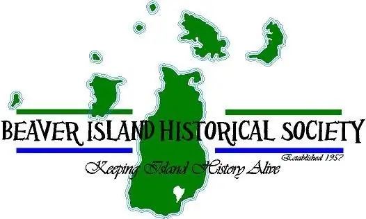 Green illustrated map silhouettes with the historical society’s name and motto on a white background.