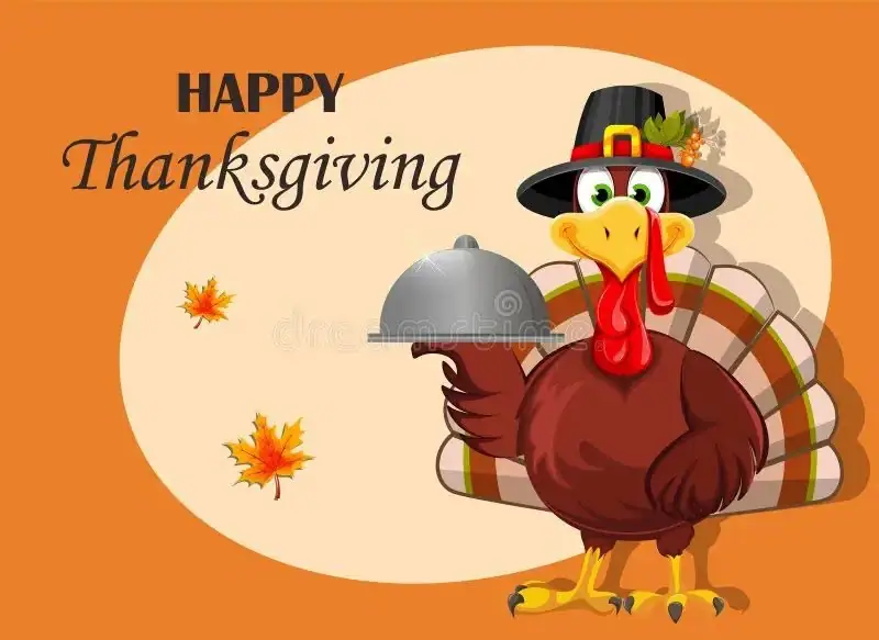 Cartoon turkey in a pilgrim hat holds a silver serving dome beneath the words “HAPPY Thanksgiving.”