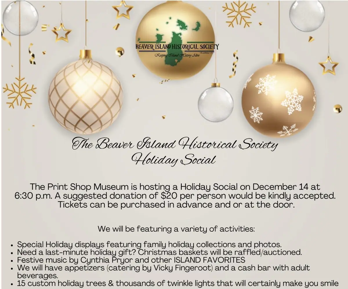 Holiday social event flyer with hanging ornaments, snowflakes, stars, and event details.