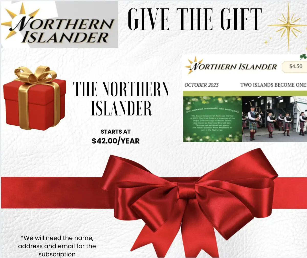 Promotional graphic for a newspaper subscription, featuring a red gift box, ribbon, and publication images.