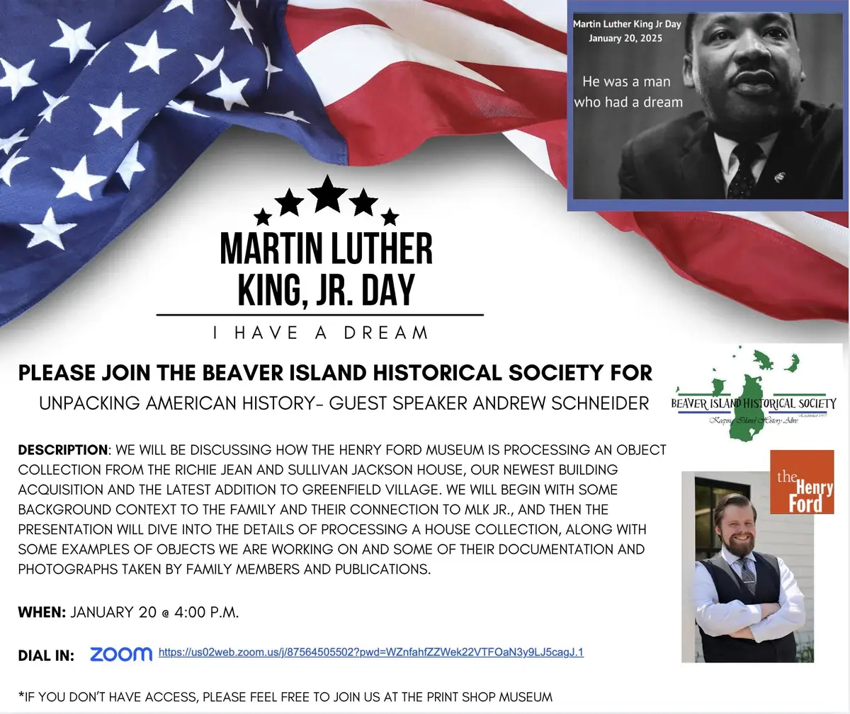 Event poster with an American flag, portraits, and text announcing a Martin Luther King Jr. Day program.