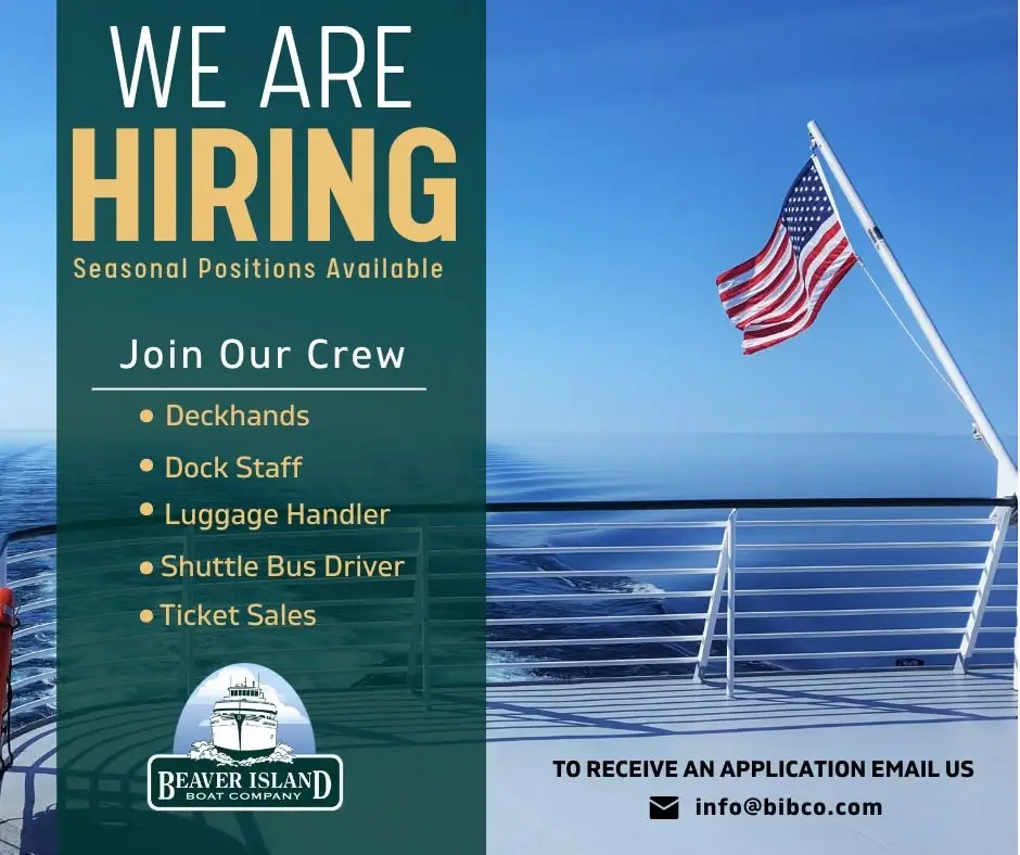 Recruitment graphic over a passenger-boat deck scene, with an American flag and a list of seasonal jobs.