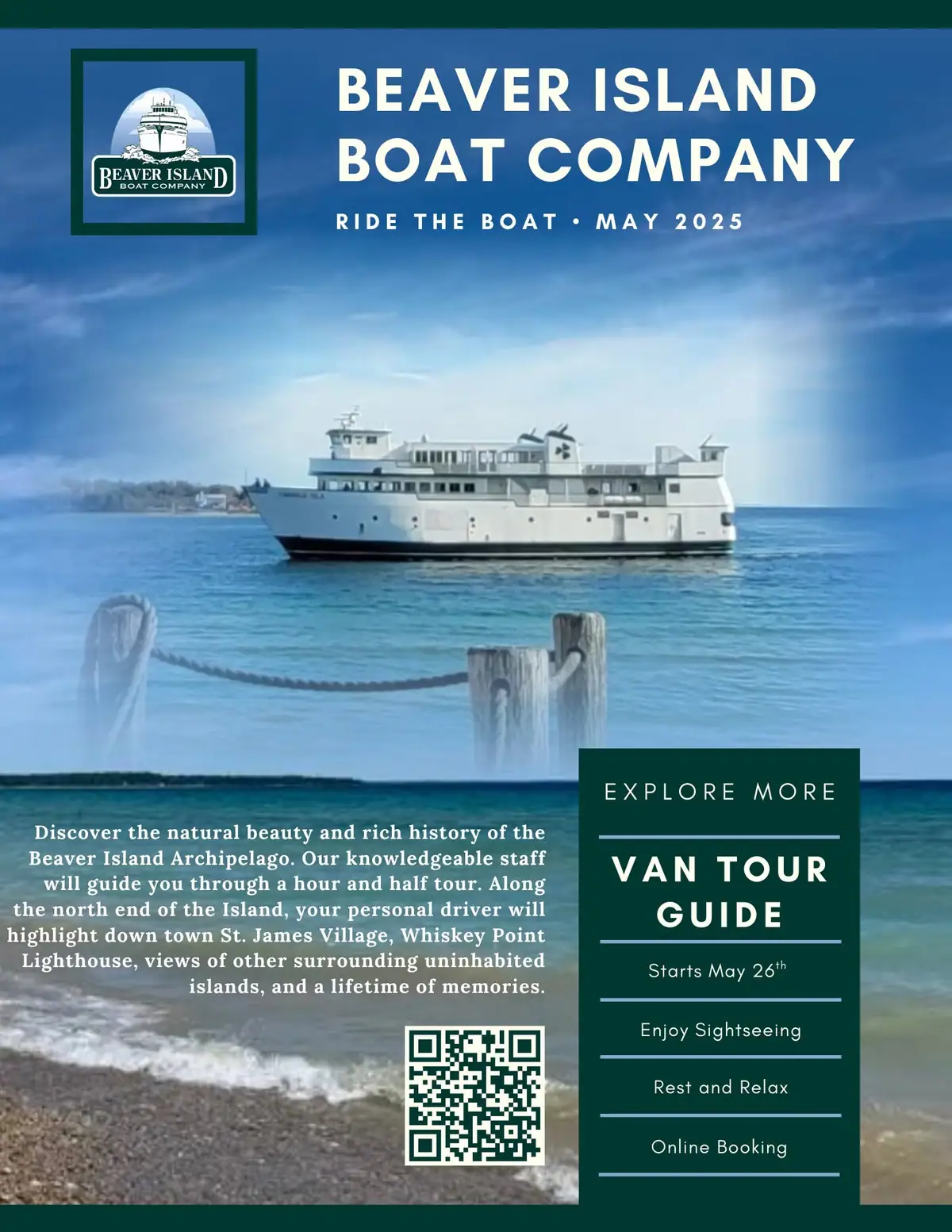 Promotional poster with a passenger ferry, shoreline, tour details, and a QR code.