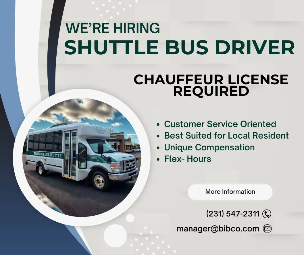 Recruitment graphic featuring a shuttle bus and requirements for a shuttle bus driver.