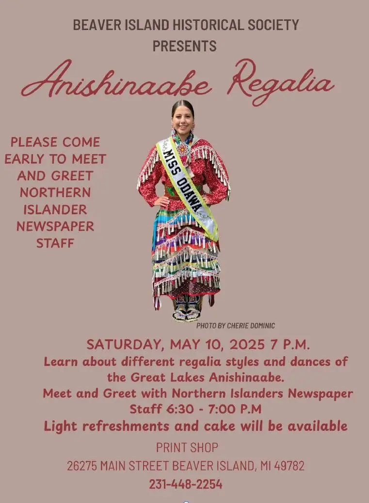 Poster featuring a woman in colorful regalia with event information and a large title about Anishinaabe regalia.