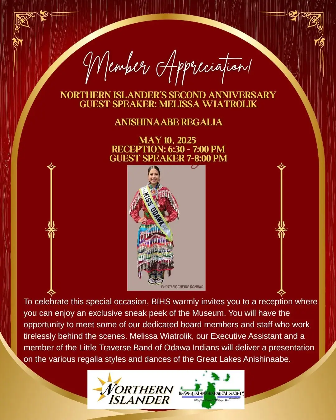 Decorative red and gold event poster featuring a small portrait of a woman in elaborate regalia.