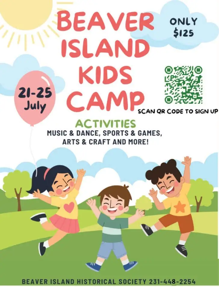Illustrated poster advertising a children's camp with activities, registration information, and a QR code.