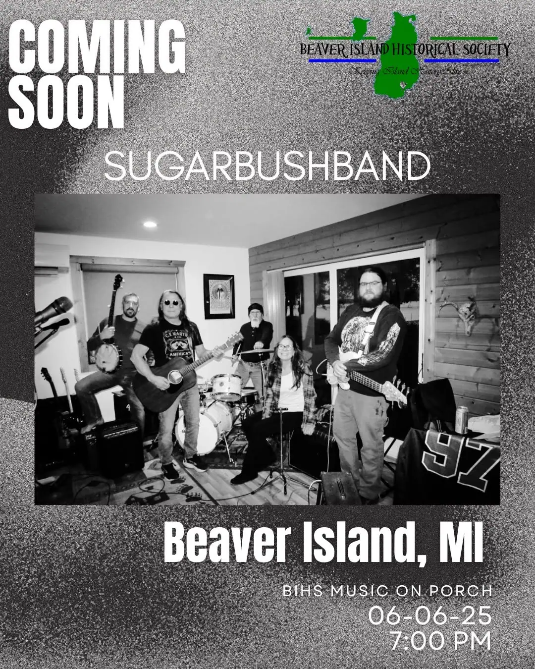 Promotional poster with a black-and-white photograph of five musicians and event lettering.