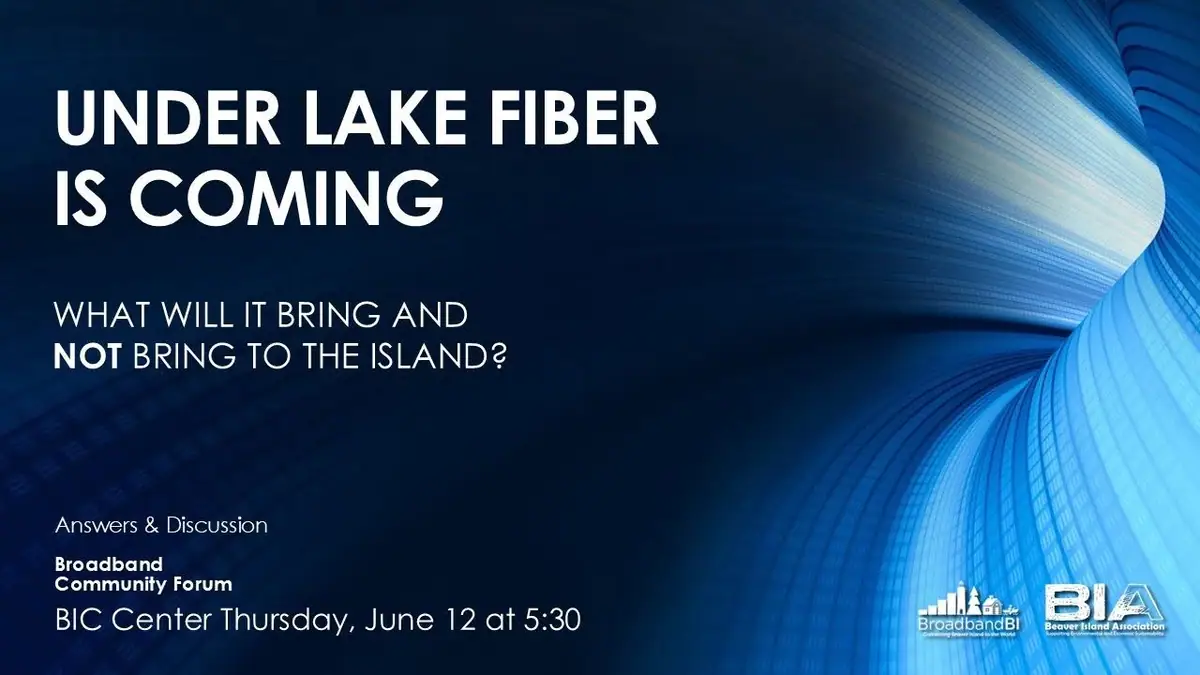 Promotional graphic announcing an under-lake fiber broadband forum, with blue flowing fiber imagery and white text.