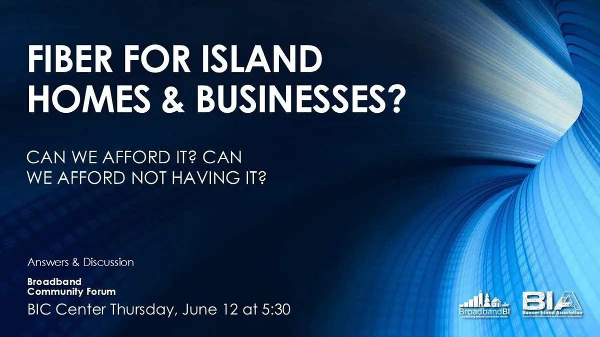 Blue promotional graphic announcing a broadband forum with large white lettering and flowing fiber-like forms.