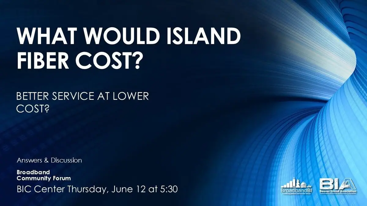 Blue broadband forum graphic with questions about fiber costs and event details.