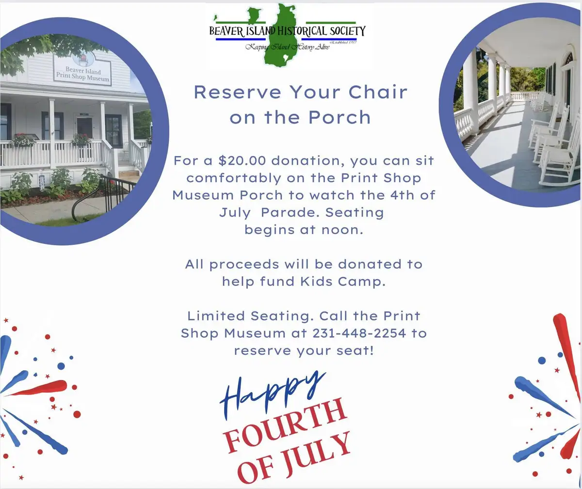 Promotional flyer advertising porch seating for a Fourth of July parade, with photographs of a museum building and rocking chairs.