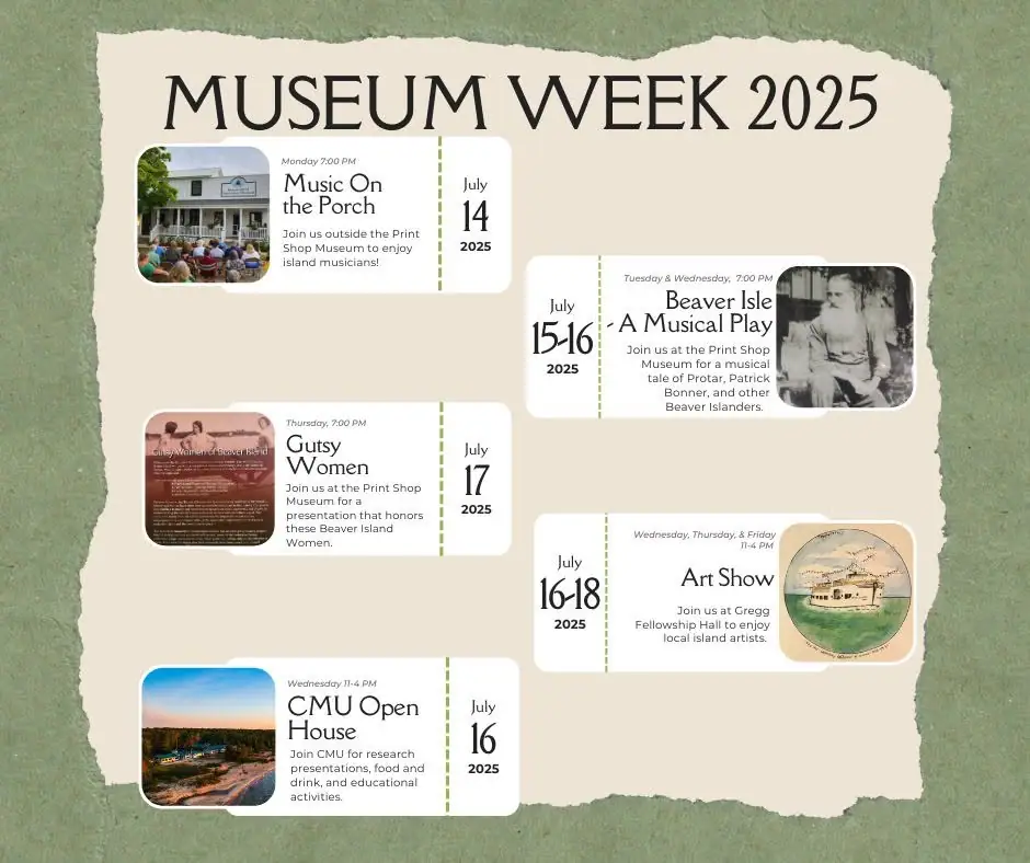 Illustrated event poster listing a week of music, performances, an art show, and an open house.