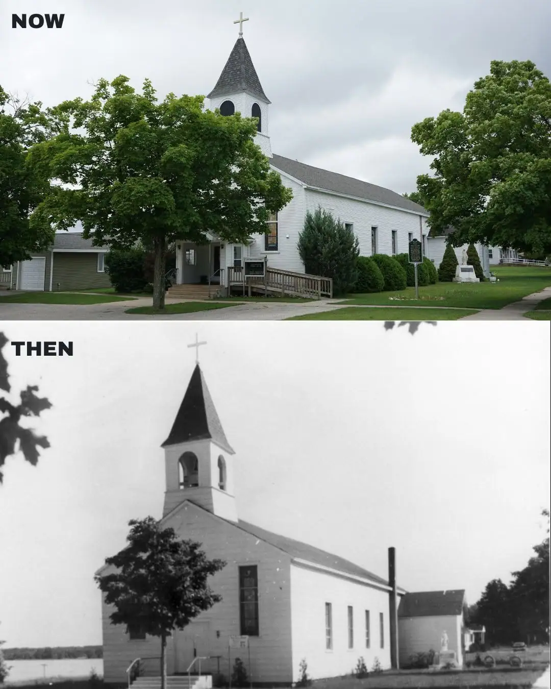 Two views of a white church with a steeple, showing its present appearance above an older black-and-white view.