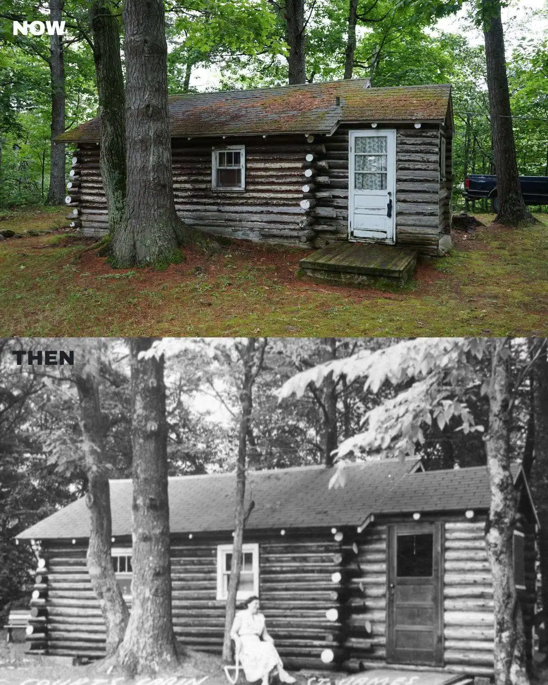 A log cabin in a wooded setting is shown in a color view above a black-and-white earlier view.