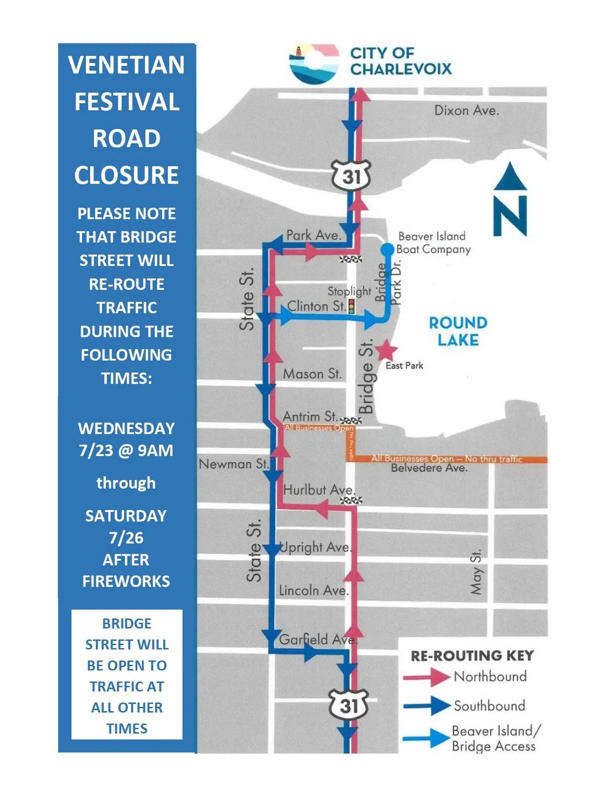 Traffic rerouting notice with a street map, colored directional arrows, and a festival road-closure message.