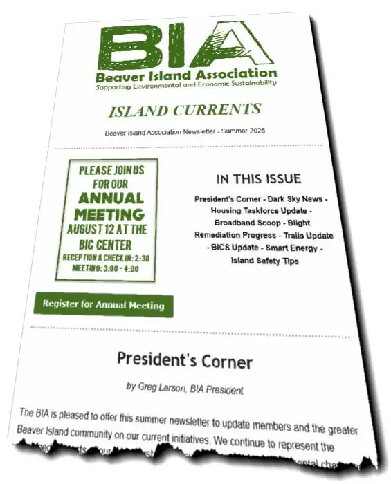 A photographed newsletter page displays a green association logo, annual-meeting notice, issue topics, and an article heading.