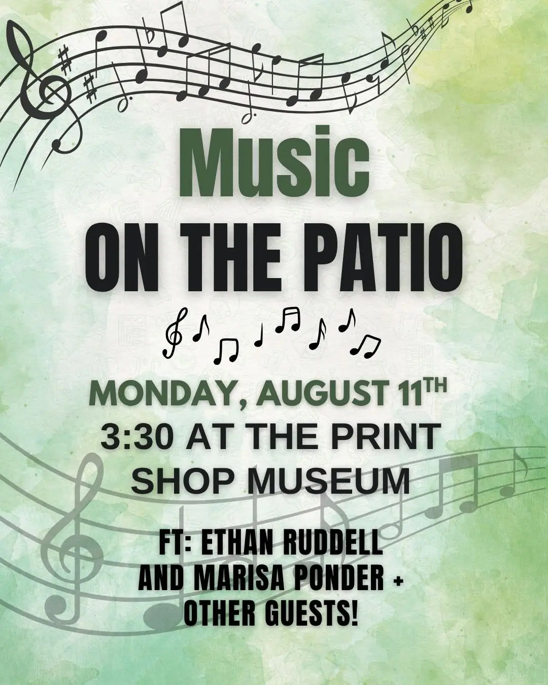 Illustrated poster announcing a music performance on a patio, with musical notation and event details.