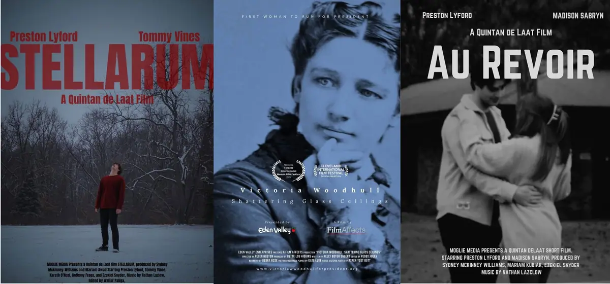 Three film posters: a person in a snowy forest, a blue-toned woman’s portrait, and an embracing couple.