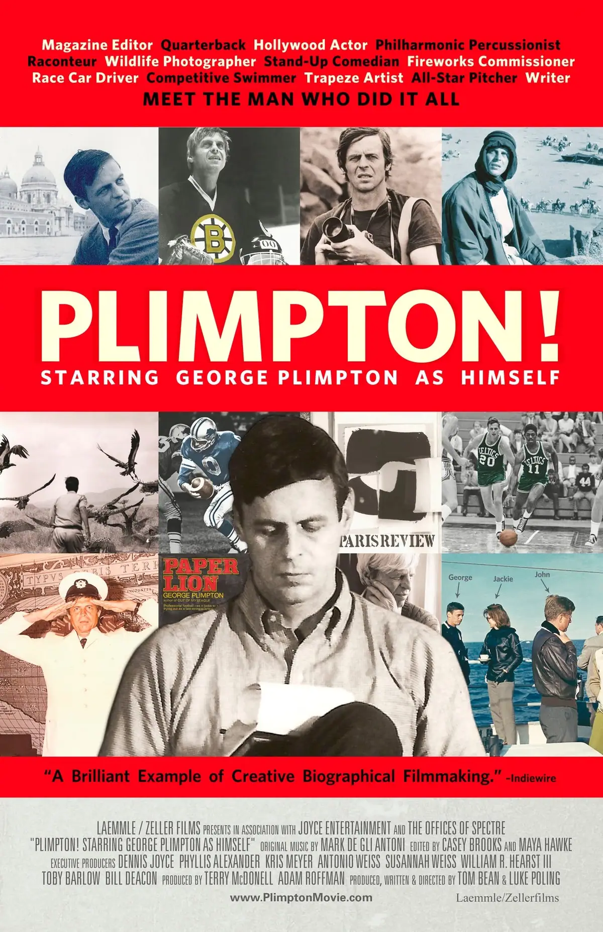 A red promotional poster featuring a collage of a man in sports, outdoor, and journalistic scenes.