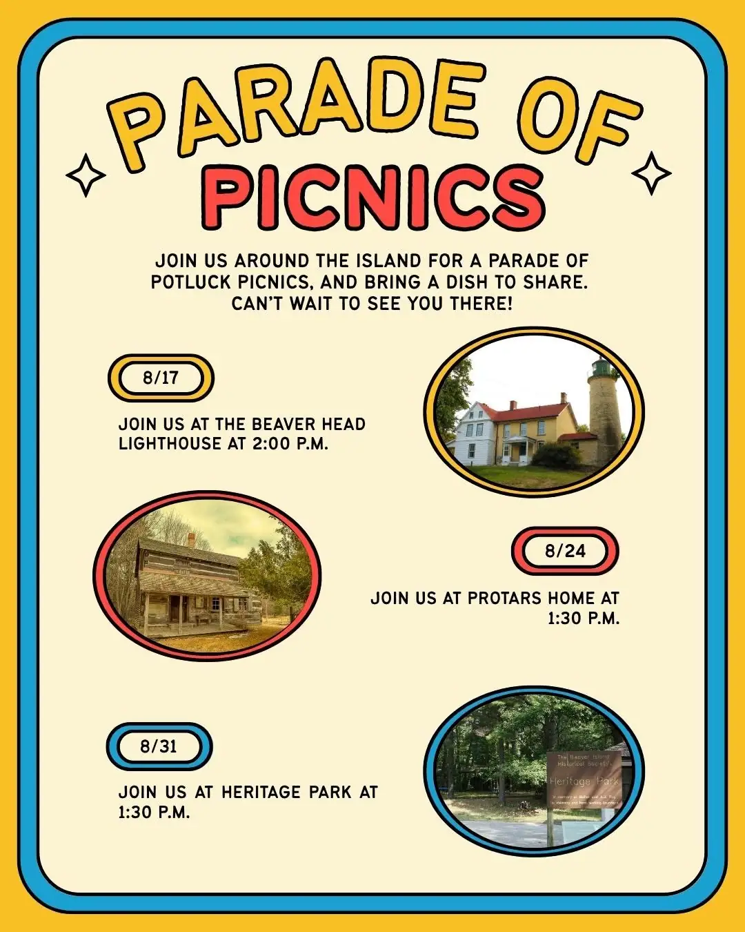 Illustrated picnic poster with event details and oval photographs of a lighthouse, homes, and a wooded park.