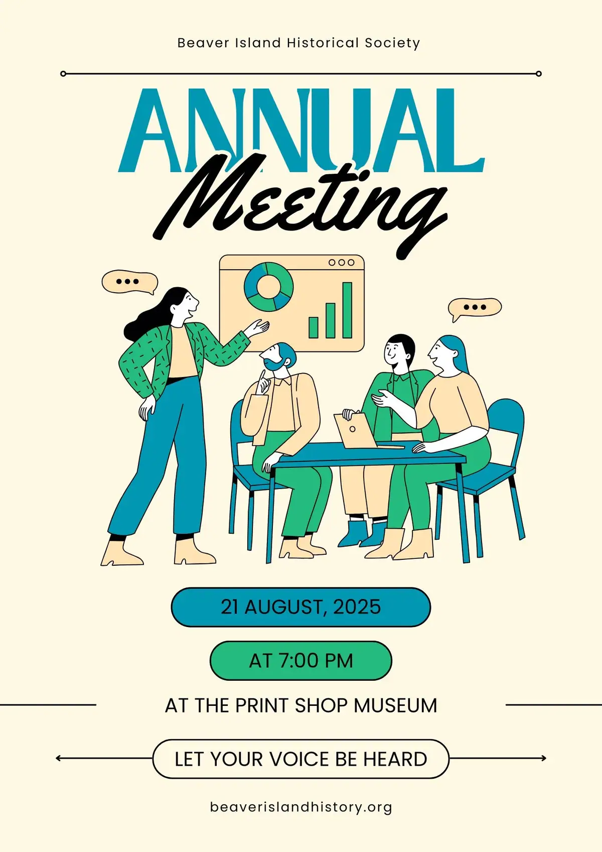 Illustrated poster for an annual meeting, showing a presenter, three seated participants, charts, and event details.