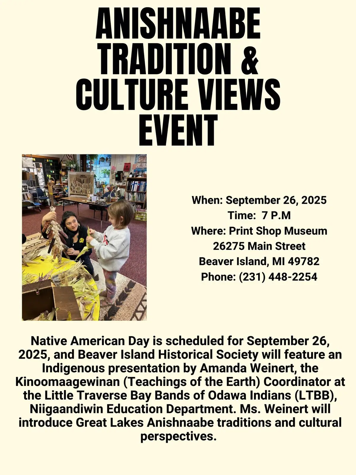 Event poster with bold title, event details, and inset photo of a hands-on natural-fiber craft activity.