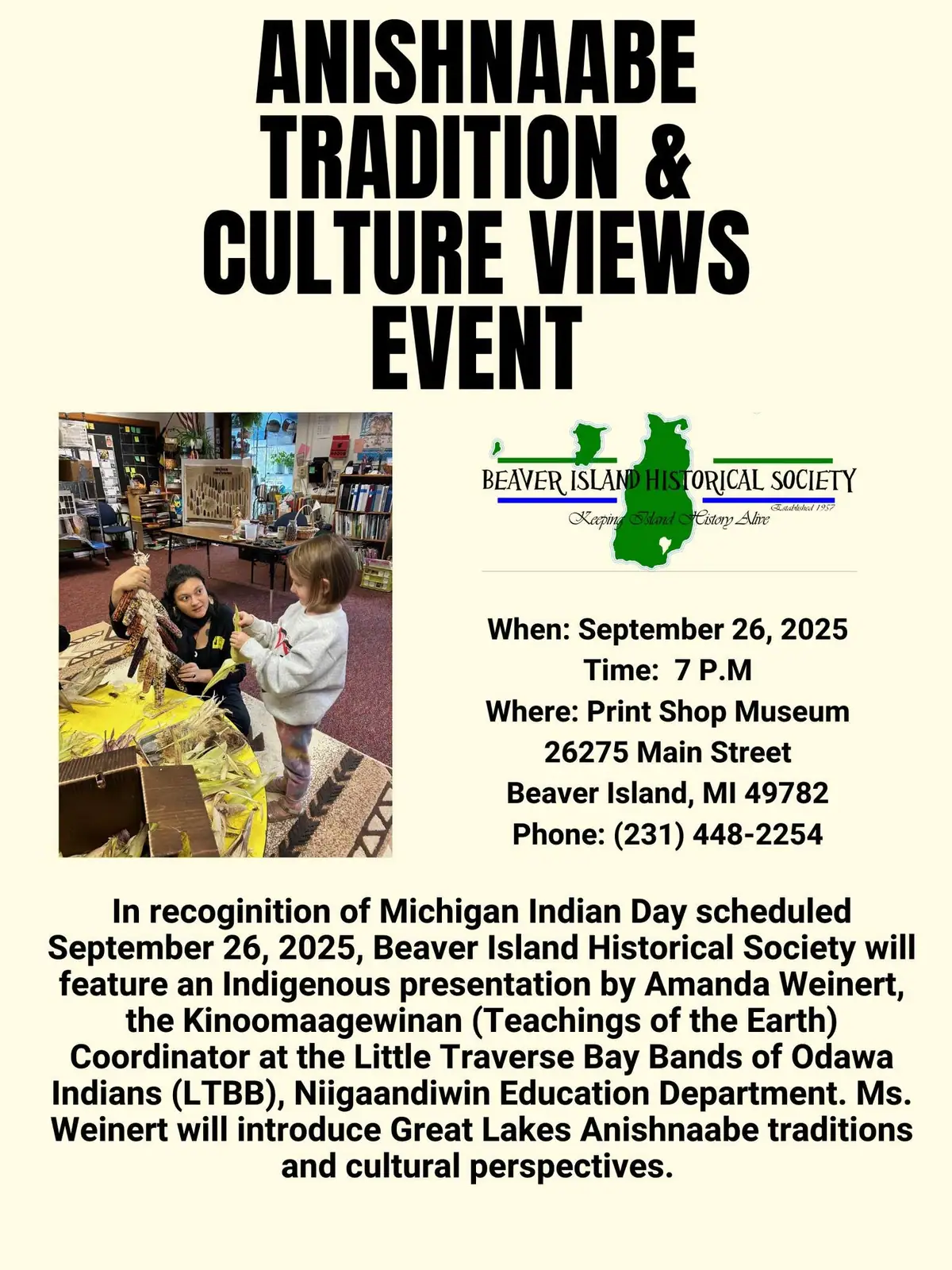Event poster with bold title, schedule, descriptive text, and an inset photograph of two people handling dried corn.