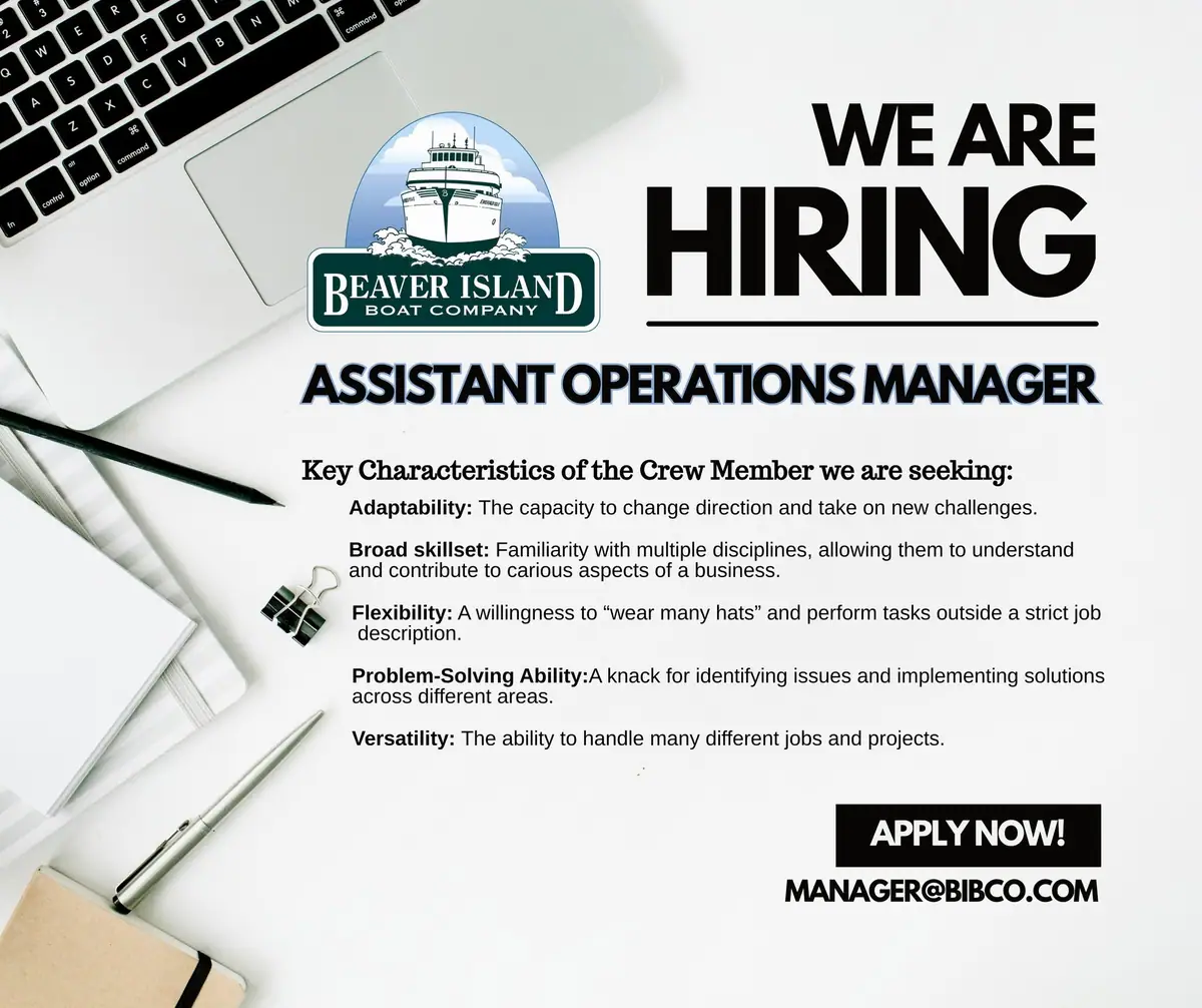 Recruitment poster with office supplies, an illustrated vessel logo, and text seeking an assistant operations manager.
