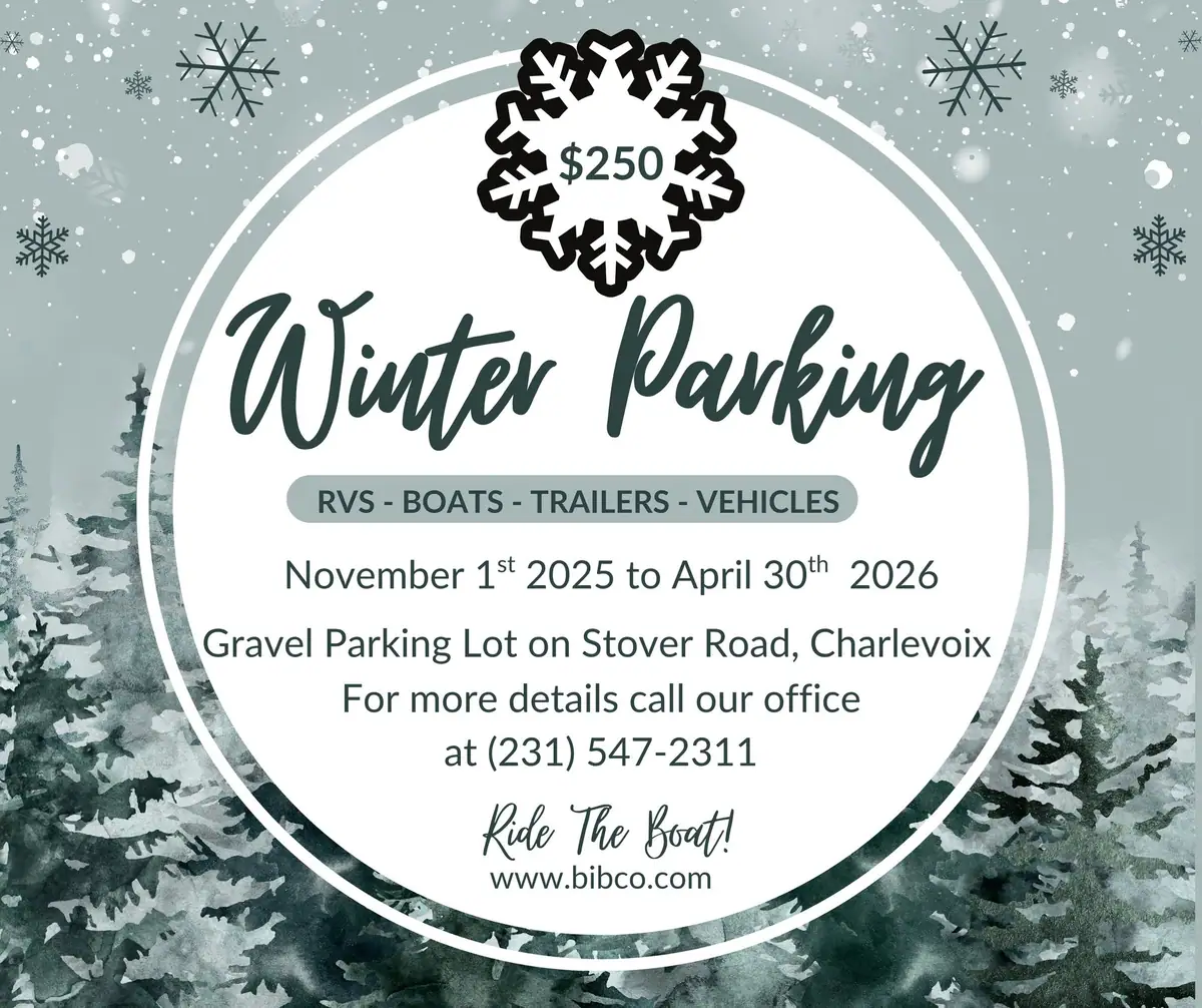 Winter parking advertisement with snowflakes, evergreen trees, a price, and parking information.