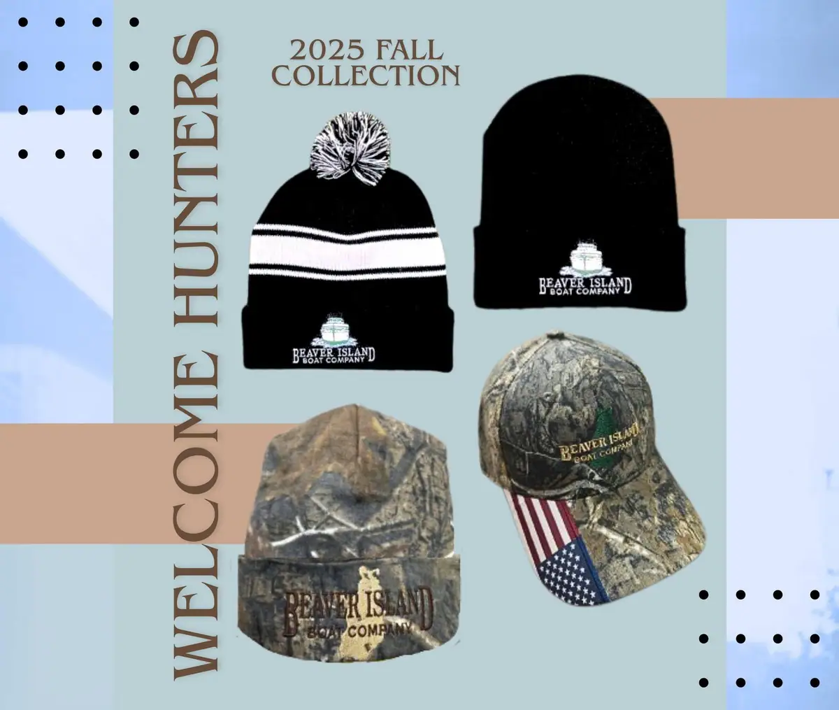 Promotional graphic showing four hats with fall collection lettering and company logos.