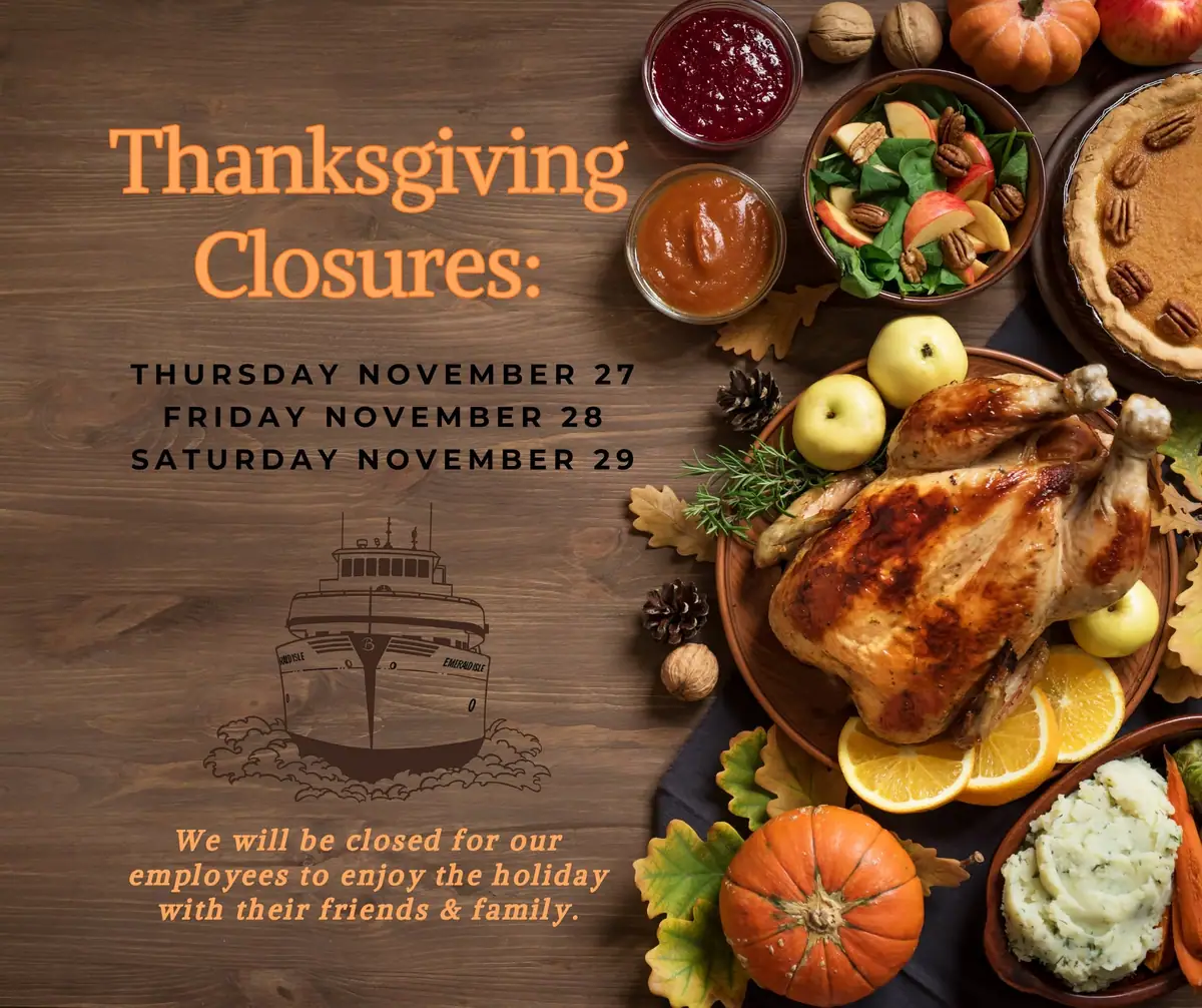 Holiday closure graphic showing a Thanksgiving meal, closure dates, and a line drawing of a ferry.