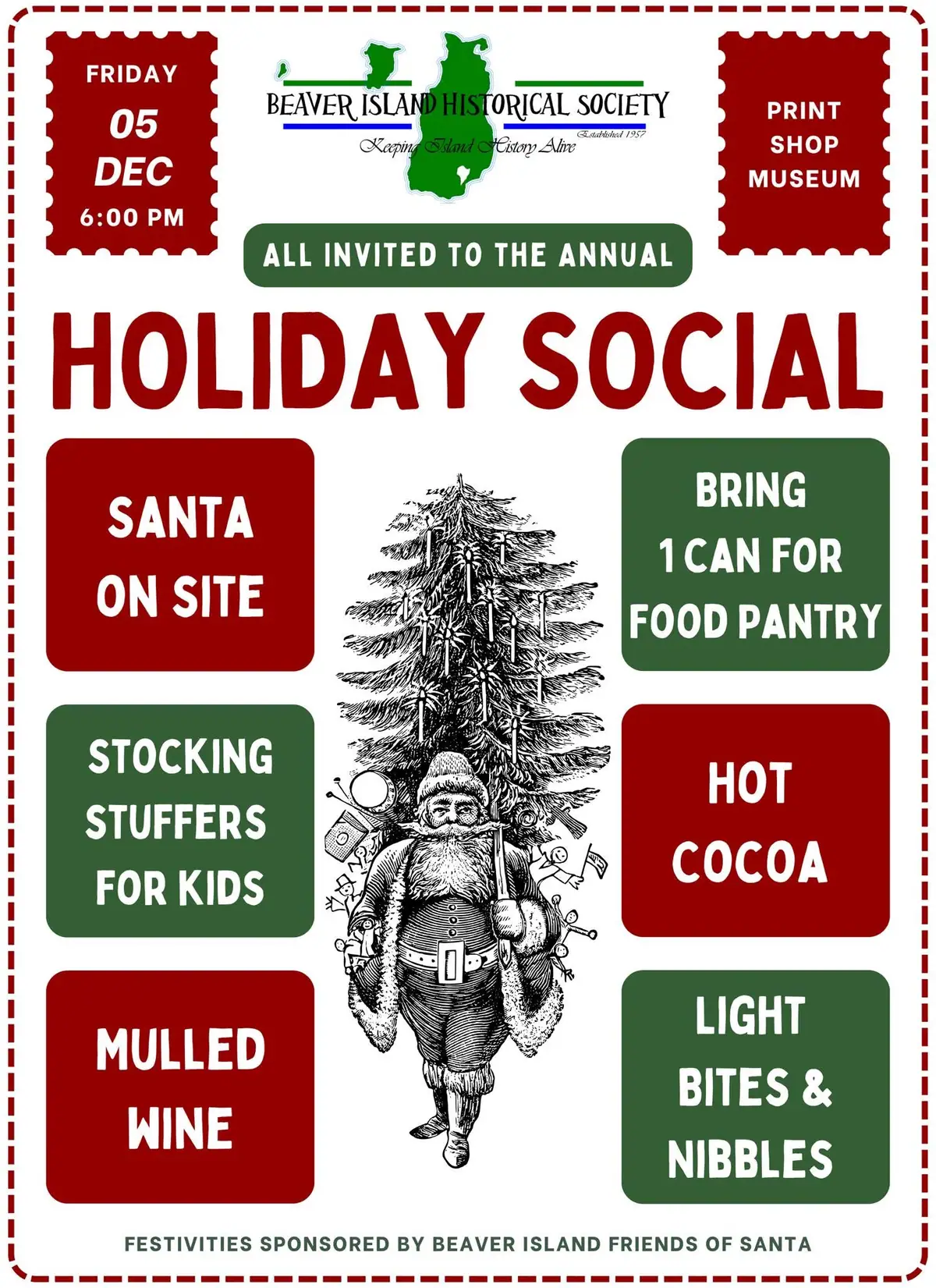 Holiday social poster with Santa, a Christmas tree, event details, and donation and refreshment notices.
