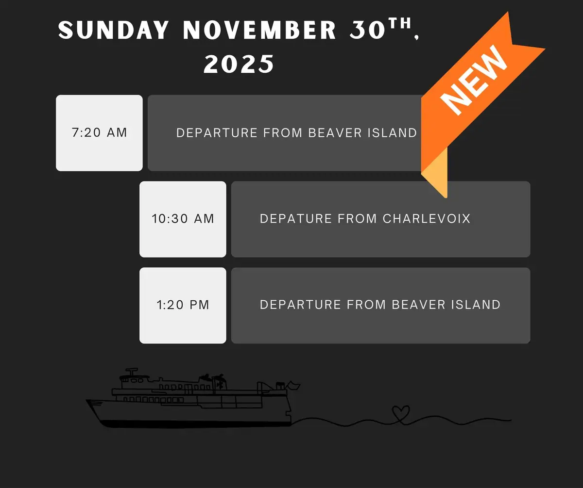 Graphic announcing three ferry departures, with a new-service banner and a line drawing of a ferry on waves.