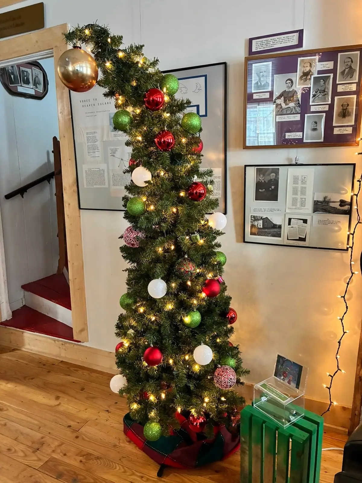 A decorated Christmas tree stands among framed historical displays inside a wood-paneled room.