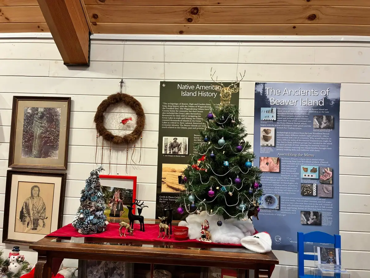 Holiday display with decorated trees, animal figurines, framed images, and educational panels in a wood-paneled interior.
