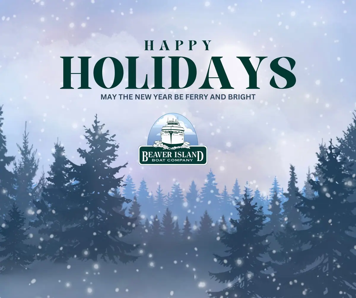 Holiday greeting graphic with falling snow, evergreen trees, large lettering, and a centered ferry company logo.
