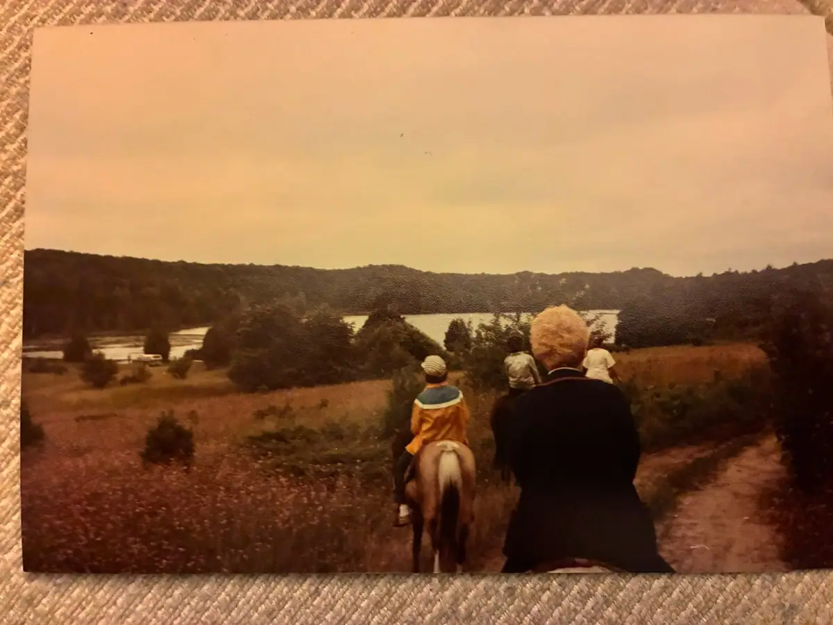 Several people ride horses along a dirt path toward a wooded body of water.