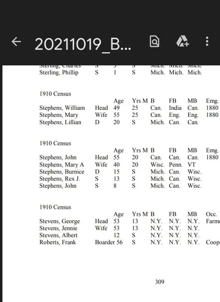 Photograph of a book page showing 1910 census household tables and page number 309.