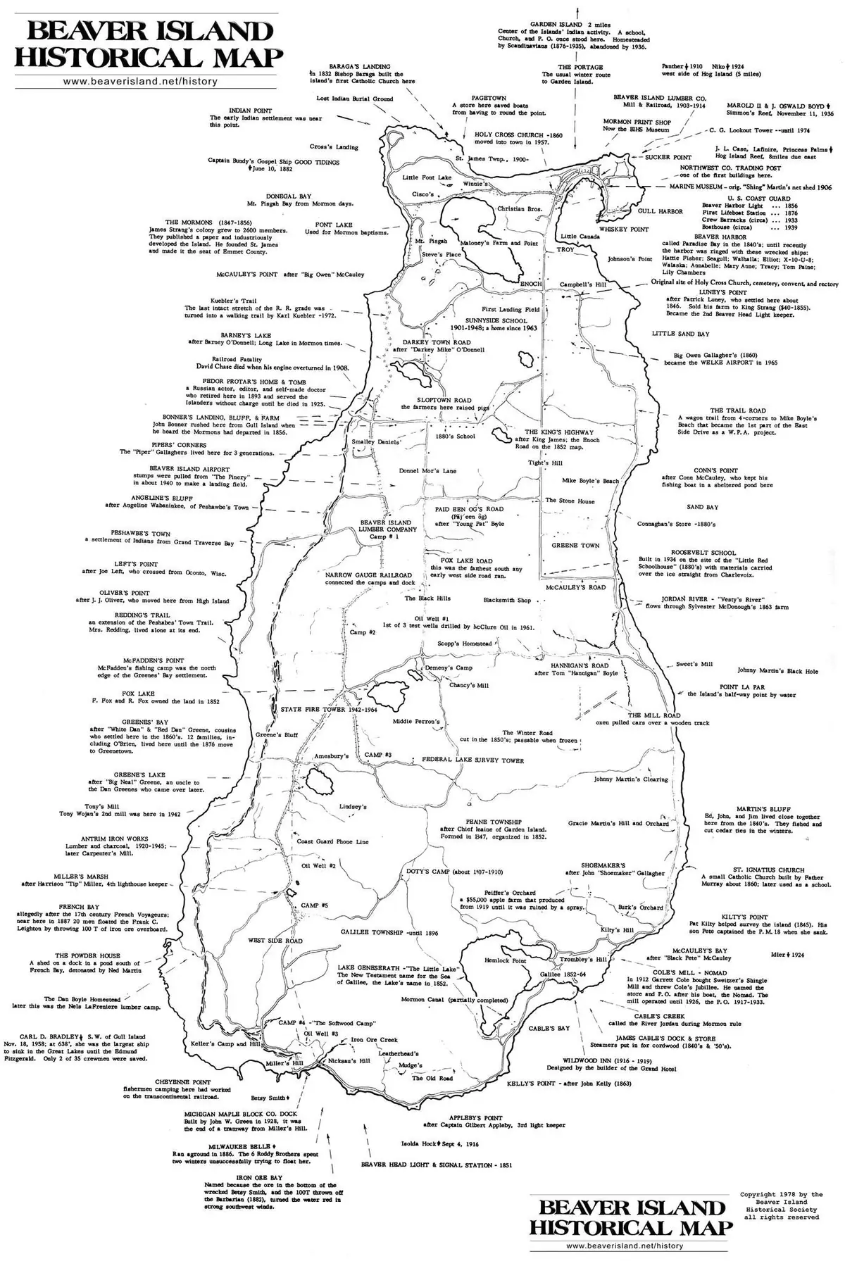 Black-and-white historical map with a shoreline outline, roads, settlements, landmarks, and extensive printed annotations.
